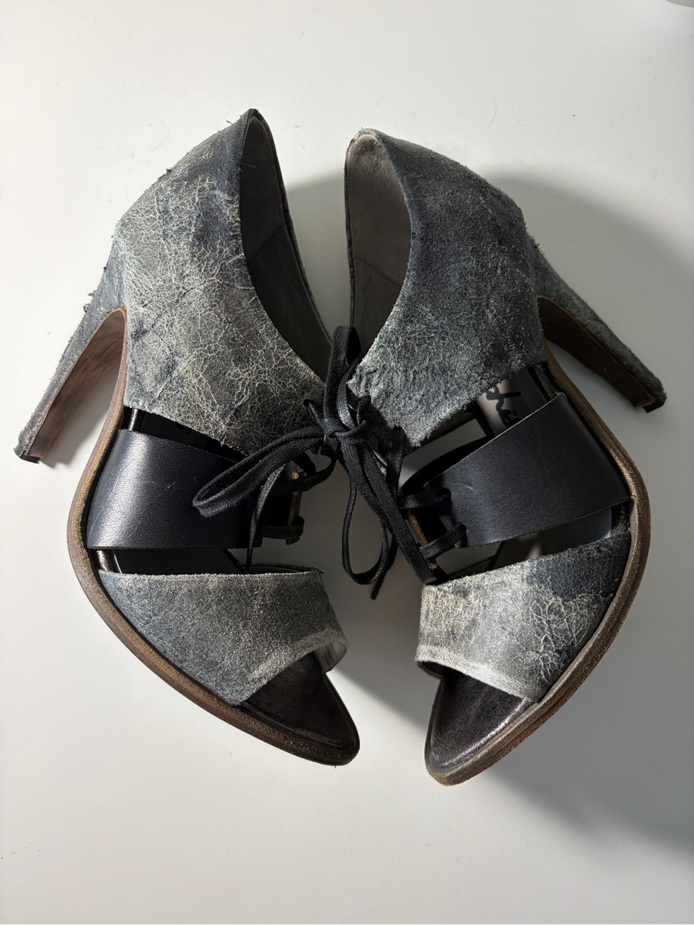 100% Leather Women’s Gray Lace-Up Peep-Toe Heels